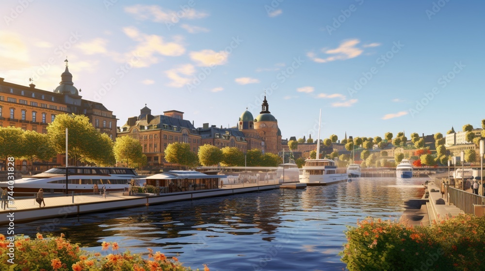Sweden's Stockholm on July 9, 2023. A beautiful morning with clear skies and water is when you'll find the Rygerfjord Hotel and Hostel boat.