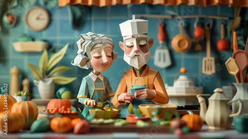 A three-dimensional animated scene featuring a A couple cooking together in a kitchen  depicted with abstract colorist touches  reminiscent of storybook illustrations 