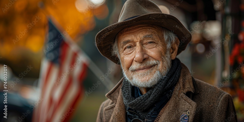 A rugged man with a hat and a full beard stands confidently on a bustling city street, his weathered face adorned with wrinkles and a distinguished moustache, exuding a timeless sense of style and ma A rugged man with a hat and a full beard stands confidently on a bustling city street, his weathered face adorned with wrinkles and a distinguished moustache, exuding a timeless sense of style and ma