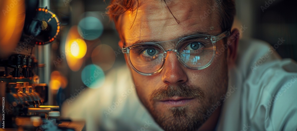 A bearded man with a wise gaze and stylish glasses showcases the importance of vision care in his indoor portrait