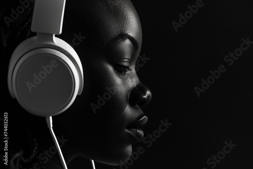 African American woman with headphones while listening music with black background