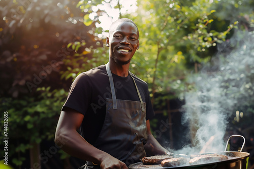 African American man in the black apron grilling steaks in the backyard