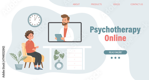 Psychotherapy online, a boy talking to a psychologist on the screen. Mental health banner or landing page template. Illustration, vector