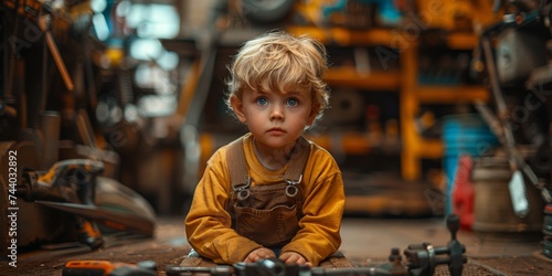 A curious toddler with an innocent human face gazes up from the floor, clad in overalls and surrounded by the comfort of indoor playtime photo