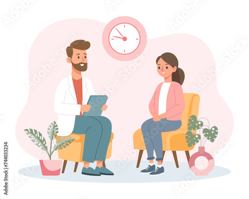 Psychotherapy session, woman talking to a psychologist. Mental health banner or landing page template. Illustration, vector