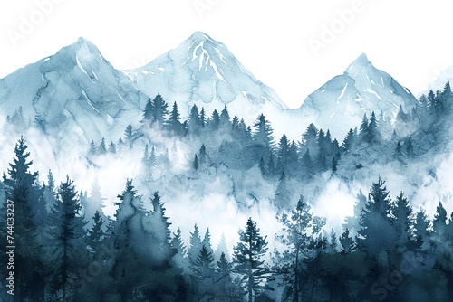 Watercolor misty forest and mountains photo