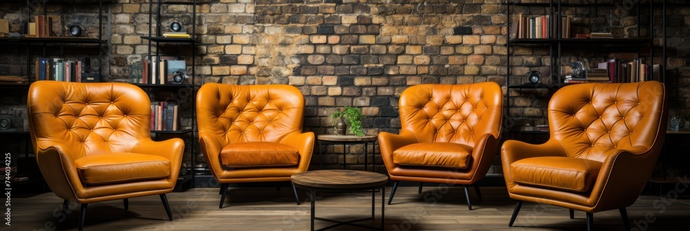 Luxurious tufted leather armchairs in a sophisticated library lounge - obrazy, fototapety, plakaty 