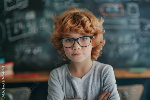 Smart Schoolchild with Glasses Posing in a Math Classroom Portrait. Concept School Portraits, Glasses, Classroom, Education, Smart Students