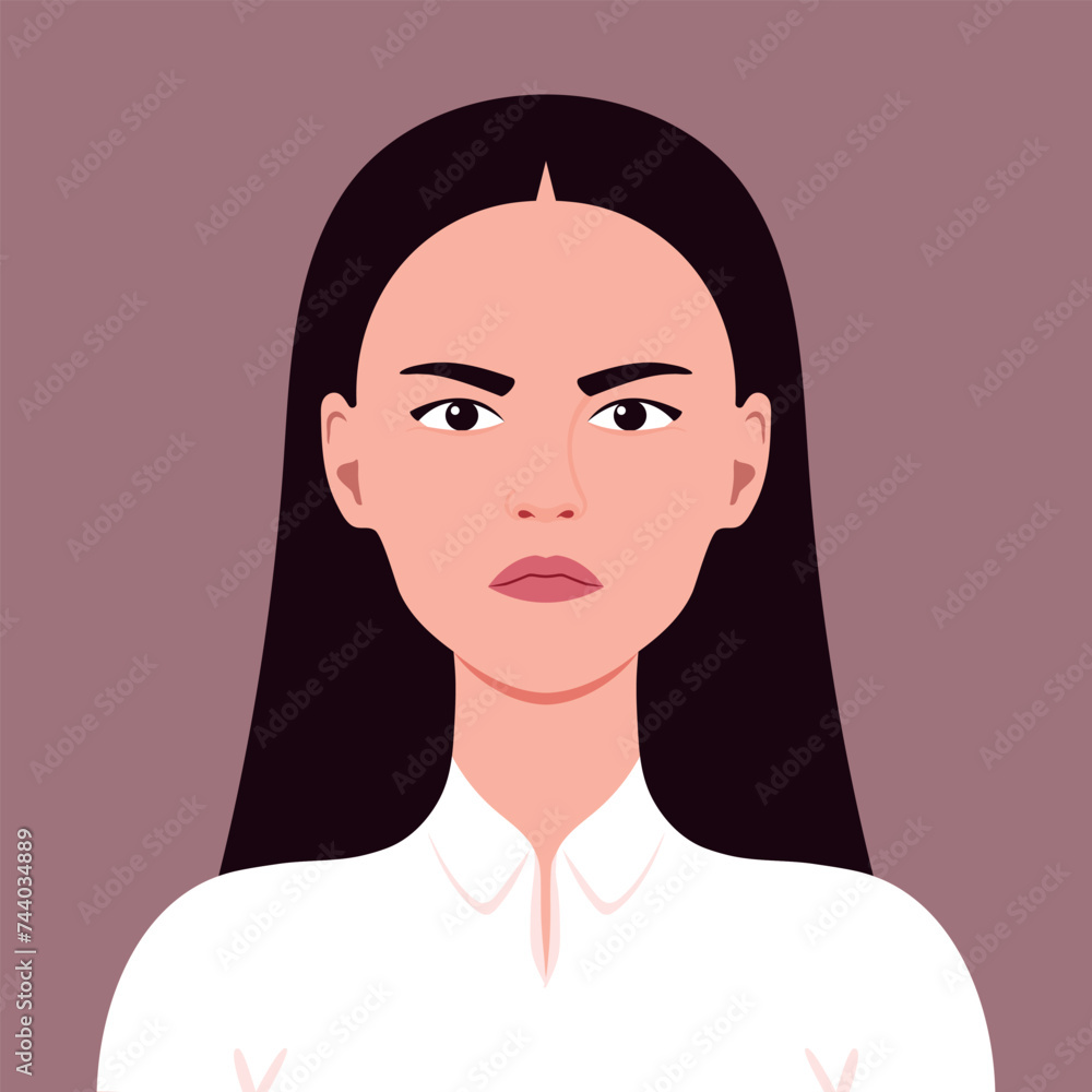 Portrait of an angry young woman. Symbolizes facial expression of an anger, gloomy and wrath. Vector illustration.