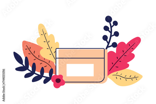 Cosmetic product flat icon. Abstract bottle or jar with a face cream for beauty and skin care. Decorated with flowers and leaves. Vector illustration