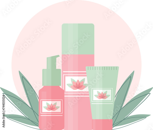 Set of cosmetic tubes with a lotus flower logo design. Tubes for beauty and skin care with a cream, toner and serum. Vector illustration