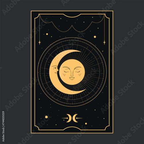 Golden Tarot card with moon and crescent. Tarot symbolism. Mystery, astrology, esoteric. Vector illustration