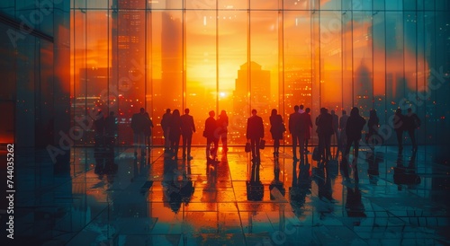 As the sun sets over the city, the group's reflections in the skyscraper window create a breathtaking piece of living art, blending the outdoor and indoor worlds