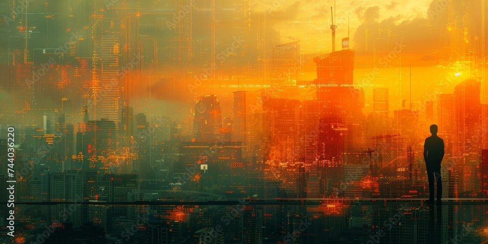 As the sun sets behind the towering skyscrapers, the city is enveloped in a thick fog, the amber glow of a distant fire casting an eerie light over the outdoor scene