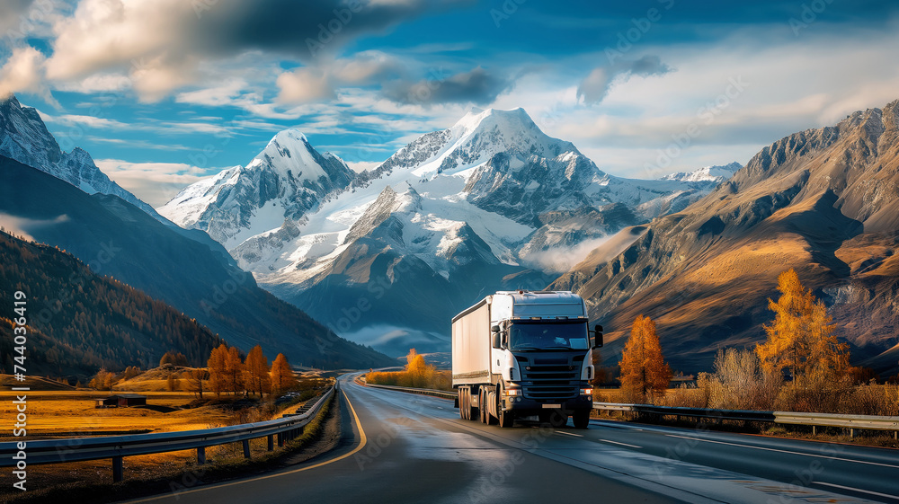 Commercial semi-truck driving on a highway with majestic snow-capped mountains and autumn trees in the background