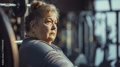 An overweight mature elderly middle aged woman stands with her back in the gym preparing to play sports, the concept of an active life in old age, taking care of the body