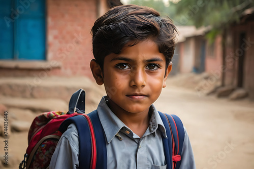 Portrait of 5 Year old boy student from Punjab Pakistan. Pakistani baby boy wearing school bag and ready to go to school. Education concept.Education in village of pakistan. Asian people from Pakistan