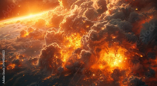 The fiery explosion of a volcano spews amber flames and billowing smoke, engulfing the natural beauty of the outdoor landscape in heat and chaos