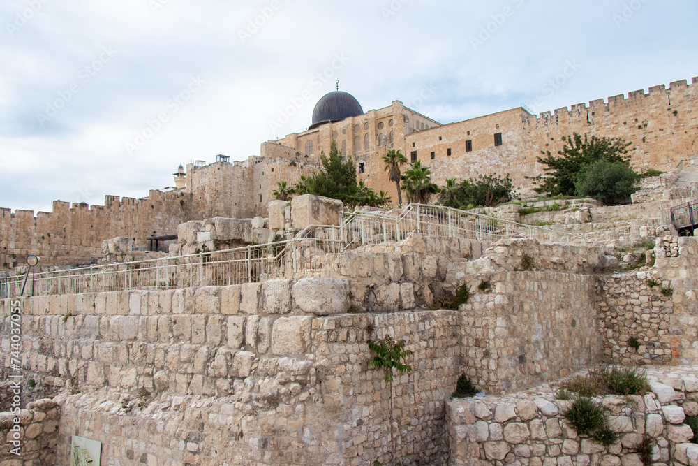 View of Aqsa Mosque from southern wall of Jerusalem. Archaeological Remains in the old city