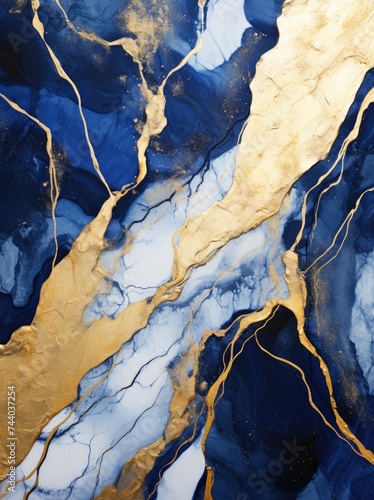 An abstract painting featuring a rich blend of gold and blue colors, creating a vibrant and dynamic visual experience with intricate patterns and textures. © pham