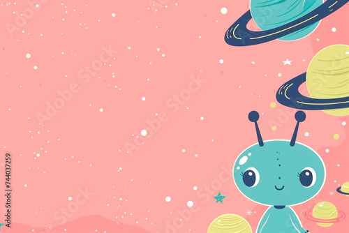2d illustration on a pink background cute blue alien with antennae  planets and stars  free space for text