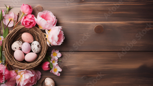 basket with pink and beige flowers and eggs in it, easter banner 
