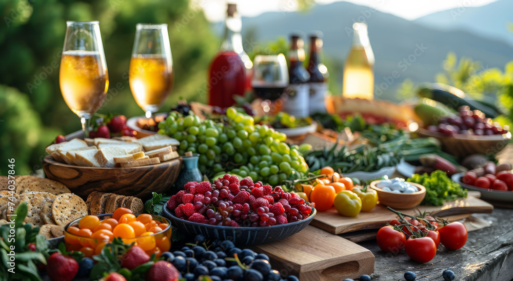 Glasses of wine and platter of fruit on table in the mountains