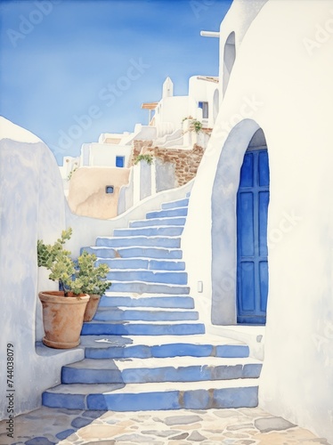 A painting featuring a blue door with steps leading up to it. The scene is depicted with artistic flair. © pham