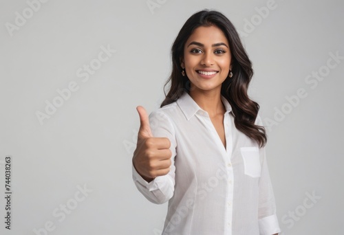A young woman with a friendly smile wearing a white T-shirt  giving a thumbs up as a sign of approval and positivity.