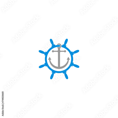 Ship steering wheel with anchor inside icon isolated on white background
