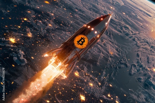 Concept of investing in bitcoins and cryptocurrencies. a rocket with the bitcoin logo flew into space. space for text
 photo