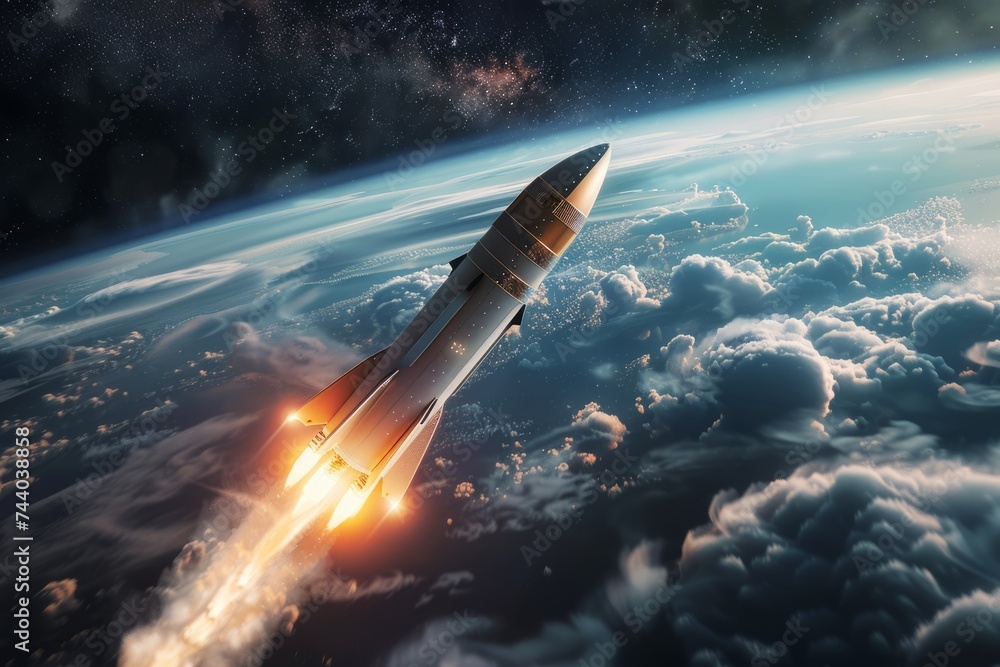Obraz premium a rocket flies on the ground in the clouds in space. space for text or advertising