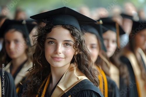 Chica adolescente sonriendo vestida con atuendo de graduacion con estola dorada rodeada de sus compañeros de clase.