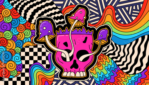 Surreal groovy psychedelic scull with mushrooms coloring print.