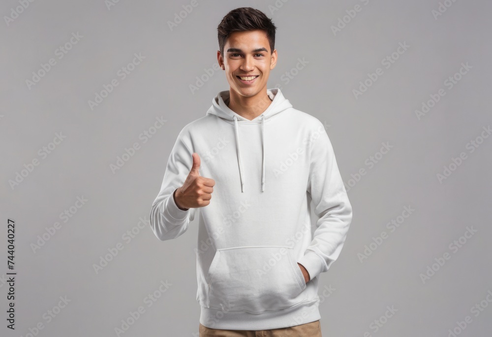 A young man in a white hoodie giving a thumbs up, his casual pose and smile conveying friendliness and positivity. A young man in a white hoodie giving a thumbs up, his casual pose and smile conveying friendliness and positivity.