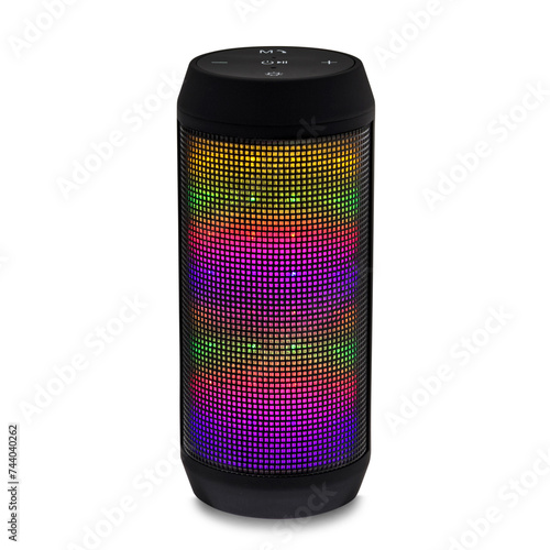 Black portable bluetooth speaker with colorful LED lights isolated on white background