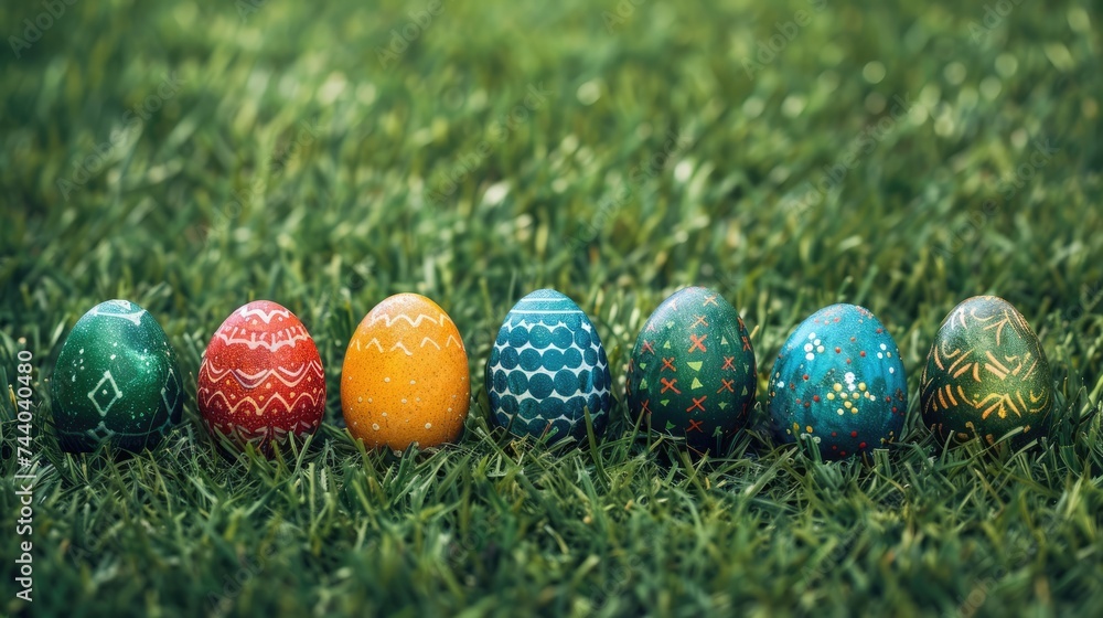 Banner colorful easter eggs on grass green background, minimalist easter background, design, with copy space Banner colorful easter eggs on grass green background, minimalist easter background, design, with copy space