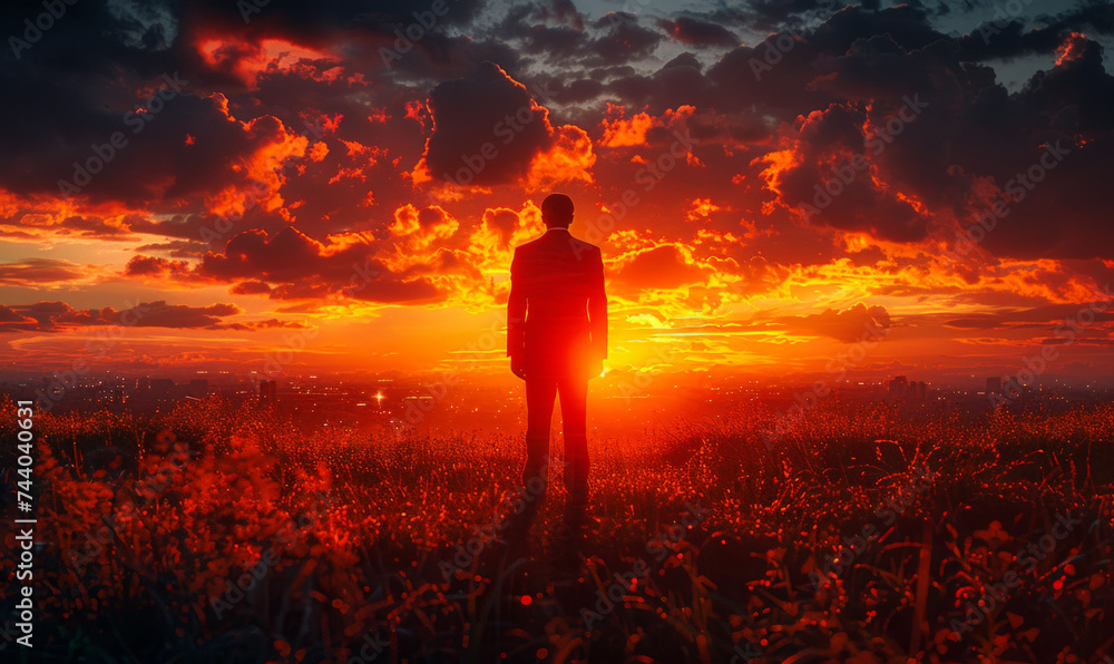 Fototapeta premium Man stands in field at sunset