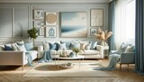 A contemporary living room designed with coastal elements. AI Generative.