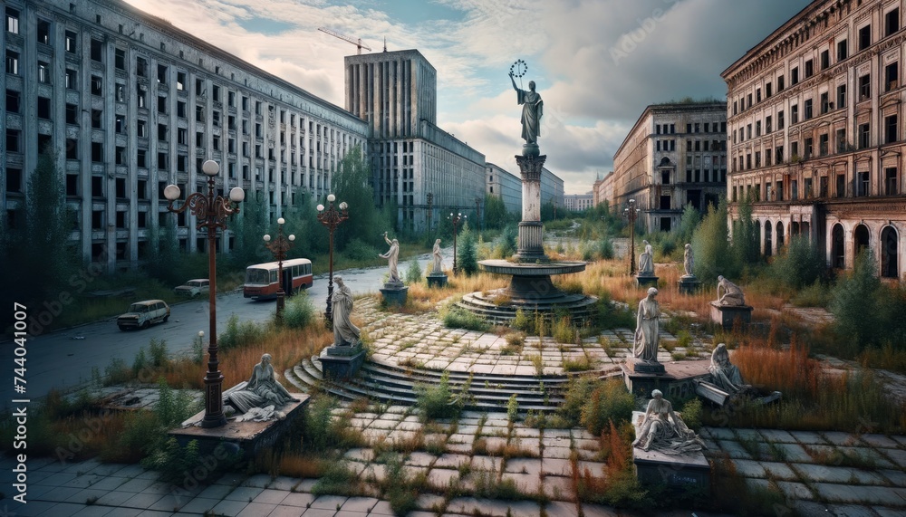 A once bustling city square, now abandoned with remnants of statues, fallen lampposts, and overgrown vegetation. AI Generated - obrazy, fototapety, plakaty 