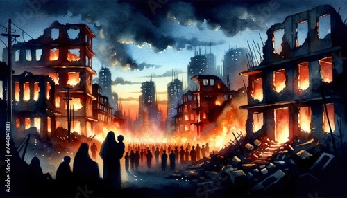 Watercolor painting of a destroyed city, highlighting the contrast of fire-lit ruins against the twilight sky, with silhouettes of displaced people in the foreground. AI Generated