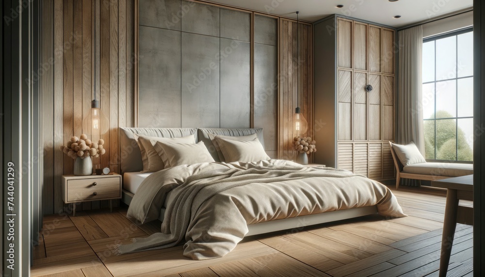 A serene modern bedroom showcasing farmhouse interior design. The bed, decked with beige pillows, contrasts beautifully with the rustic bedside cabinet. A serene modern bedroom showcasing farmhouse interior design. The bed, decked with beige pillows, contrasts beautifully with the rustic bedside cabinet.