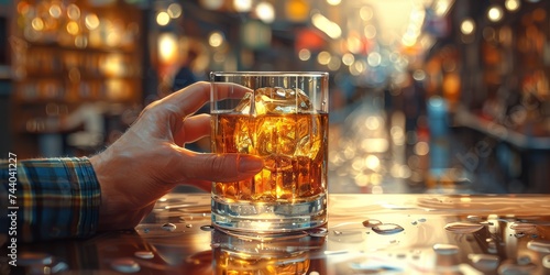 A person indulges in a pint of whiskey at the bar, savoring the warmth and relaxation of their favorite alcoholic beverage