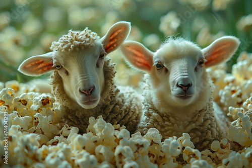 Sheep find themselves up to their necks in a sea of popcorn, creating a surreal and amusing scene that blurs the lines between the ordinary and the extraordinary. photo