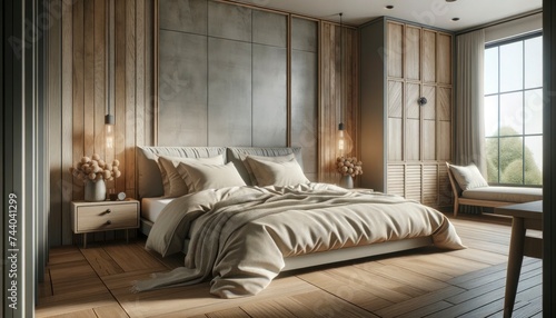 A serene modern bedroom showcasing farmhouse interior design. The bed, decked with beige pillows, contrasts beautifully with the rustic bedside cabinet. 