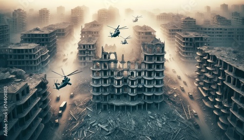 A photo of a city in ruins after war, with helicopters flying overhead amidst a smoggy atmosphere. AI Generated photo