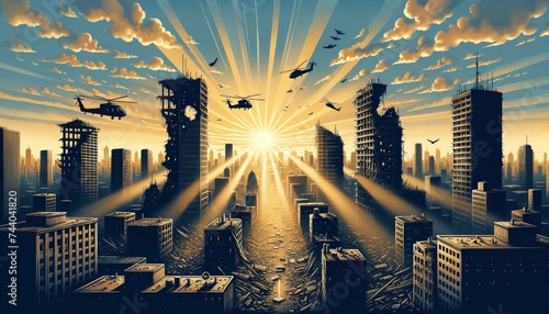 An illustration capturing a postwar urban landscape at dawn, with helicopters crisscrossing the sky. AI Generated photo