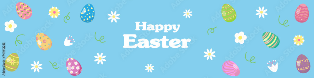 Easter poster and banner template with Easter eggs. Easter greetings in flat style.