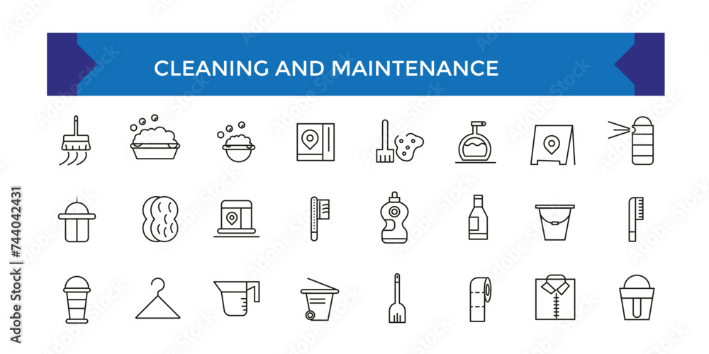 Set of Cleaning and Maintenance outline icons related to housework, housekeeping. Linear icon collection. Set of Cleaning and Maintenance outline icons related to housework, housekeeping. Linear icon collection.