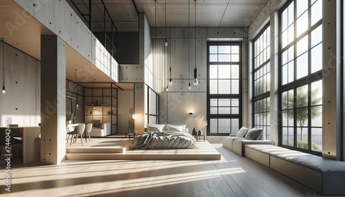 The design is characterized by minimalist aesthetics, clean lines, and a blend of natural materials. Large windows flood the space with light, highlighting the modern furnishings. AI Generative.